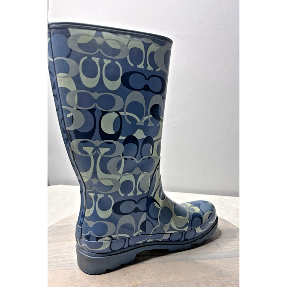 Coach Paisley Womens Rubber Pull On Tall Rain Boots Blue All Over Logo Sz 7m - Picture 9 of 11